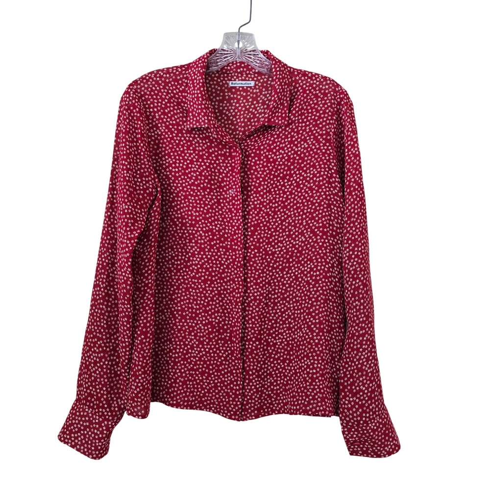 Reformation Red Floral Star Print Viscose Button Down Long Sleeve Blouse Size M
